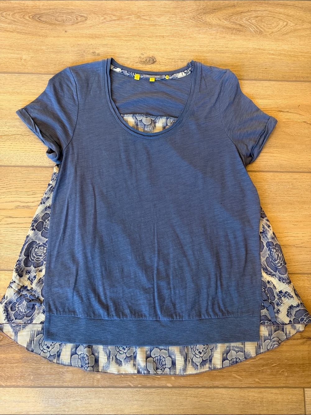 Anthropologie Little Yellow Button Blue Layered Tee with Floral Back